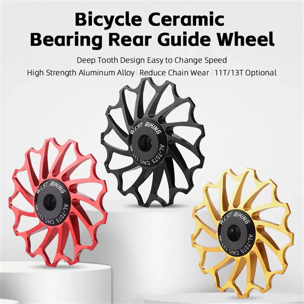 (image for) WEST BIKING 3/5 CM Mountain Bicycle Ceramic Rear Dial Guide Wheel 11T 13T Tooth Derailleur Aluminum Alloy Perrin Bearing Tension Wheel