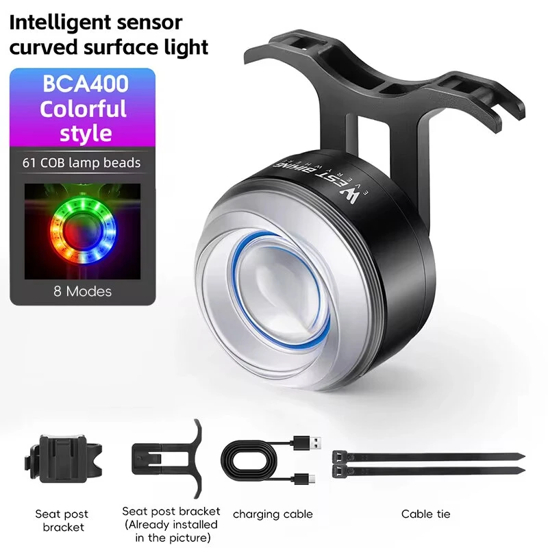 (image for) WEST BIKING Smart Brake Sensing Bike Taillight 400mAh Battery 8 Lighting Modes Waterproof Type-C Rechargeable Vibration Sensor Memory Function Colorful Bicycle Rear Light