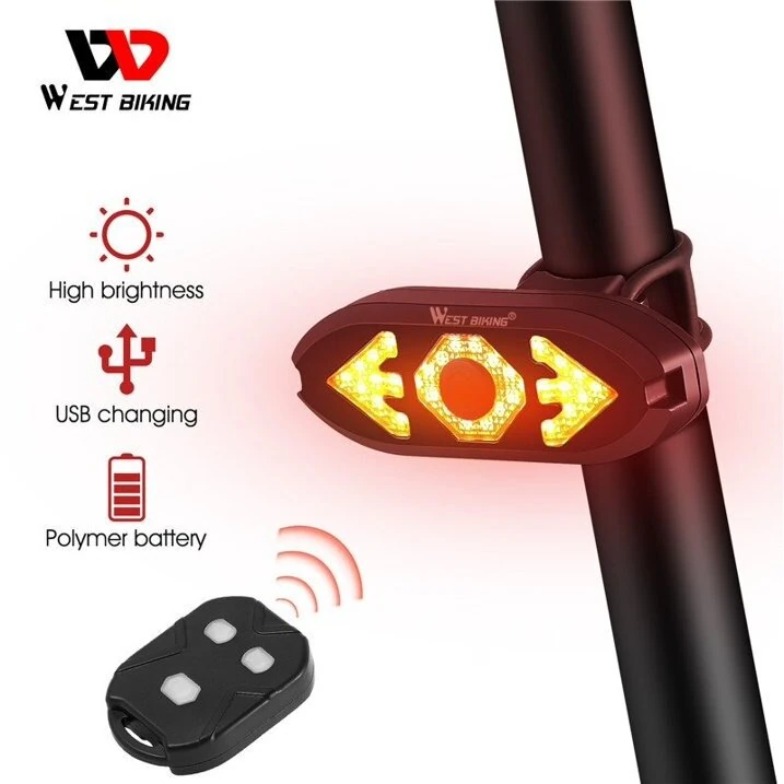 (image for) West Biking Smart 2-in-1 Bicycle Rear Light Wireless Remote Control 5 Light Modes Turn Signal Lights Bike bell horn Cycling Mini Taillight for Night Riding