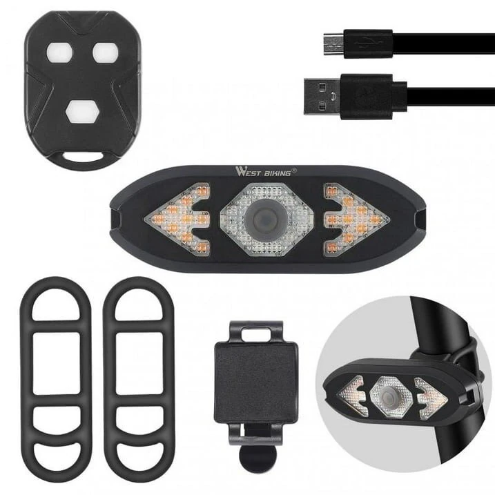 (image for) West Biking Smart 2-in-1 Bicycle Rear Light Wireless Remote Control 5 Light Modes Turn Signal Lights Bike bell horn Cycling Mini Taillight for Night Riding